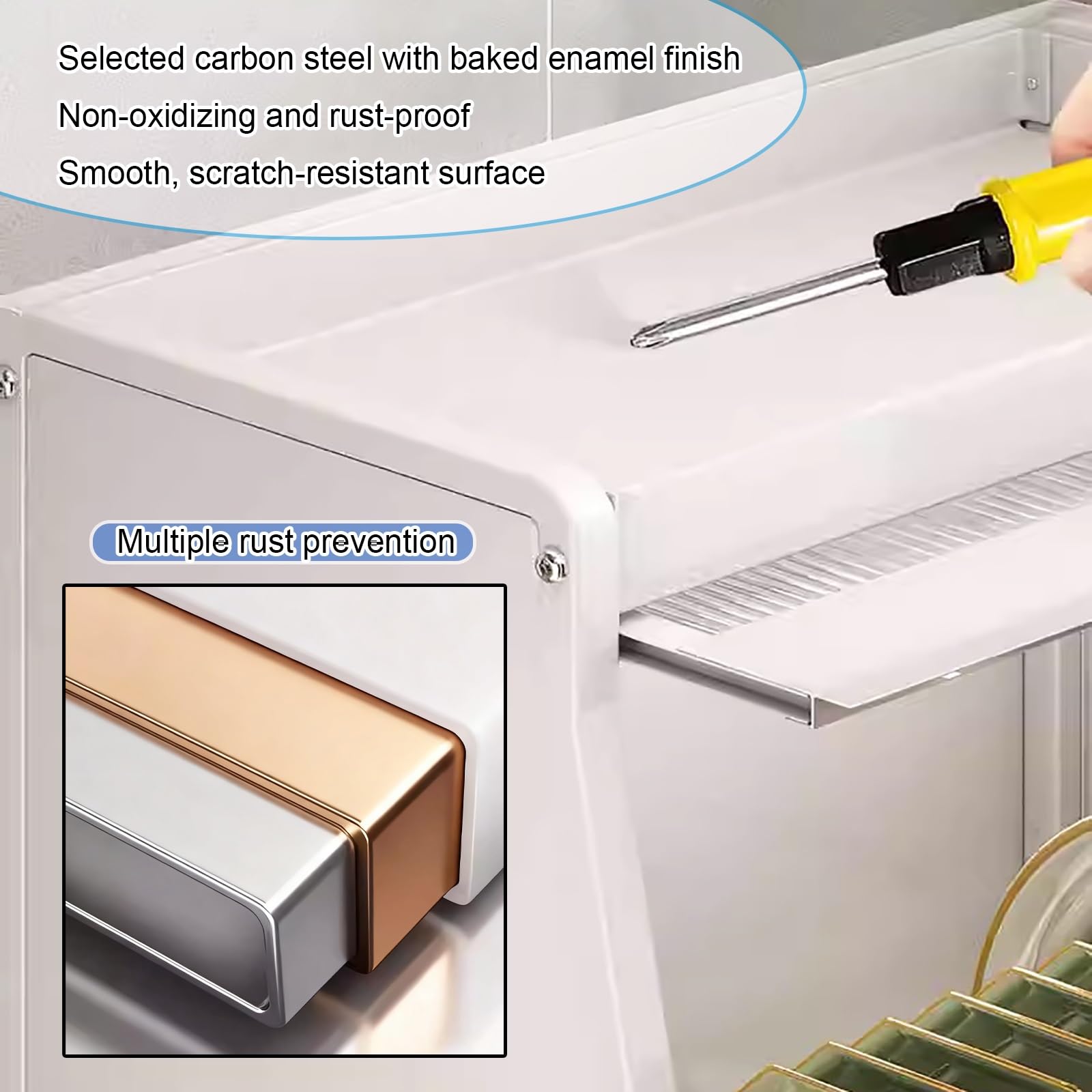 Escurridor de platos, organizador de encimera de cocina, estante de almacenamiento de acero al carbono con gabinete de cubierta abatible, diseño que ahorra espacio para platos, vasos y cuencos