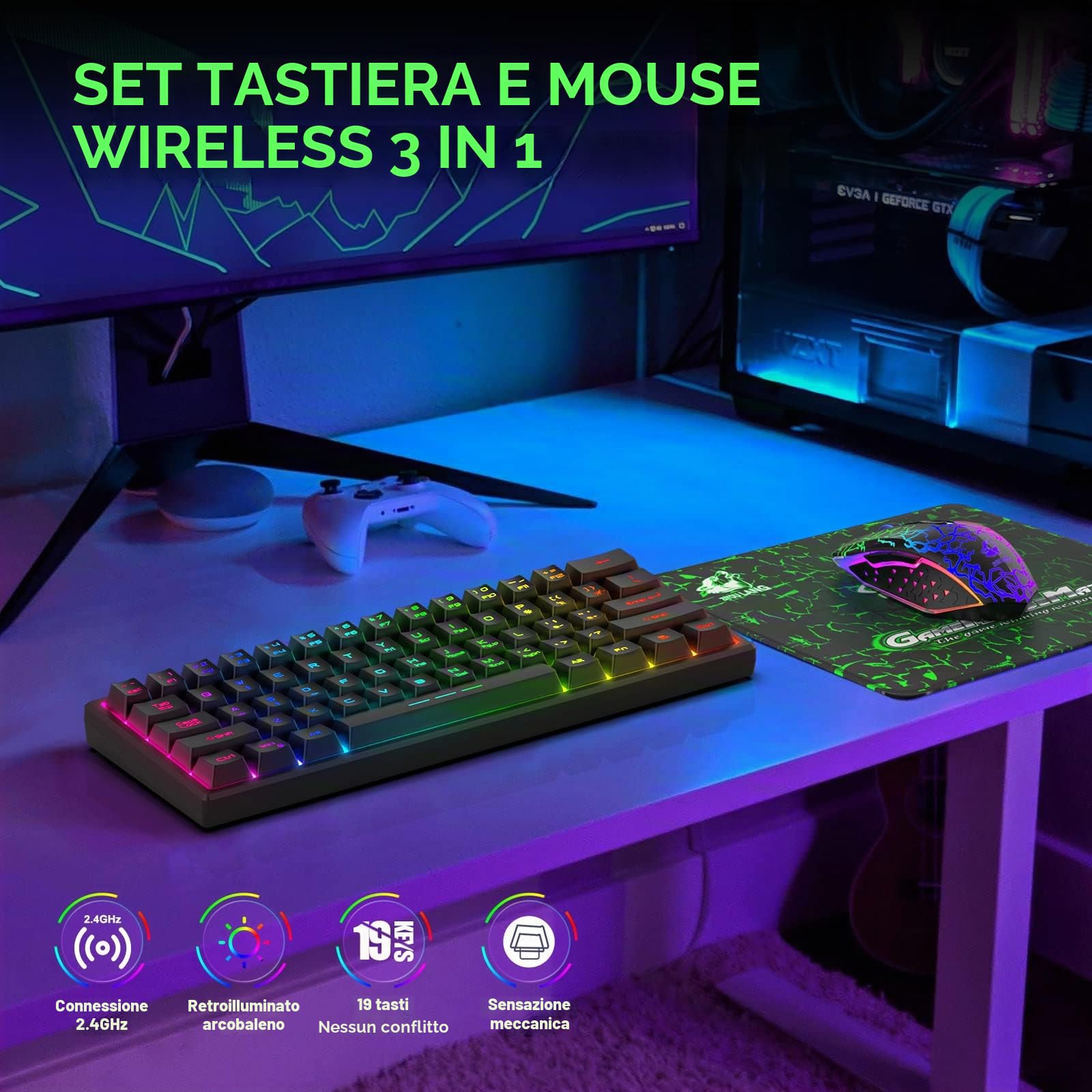 Combo Tastiera e Mouse Wireless 60% 2.4GHz Ricaricabile 38000mAh Silenzioso 61 Tasti Tastiera Compatta con Retroilluminazione LED Arcobaleno + 2400 DPI 6 Pulsanti Mouse Arcobaleno LED per PC- Nero