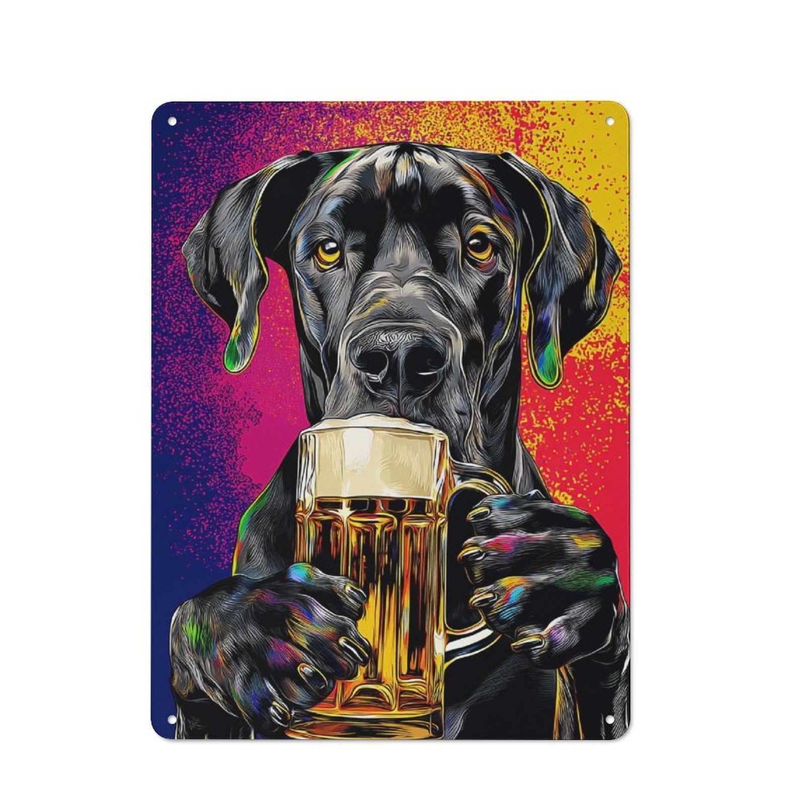 Junmoney Dog Drinking Beer Colorful Artwork Retro-Style Metal Sign 40X30cm For Garage Or Workshop, A Moving-Home Gift For Collectors Of Tin Signs