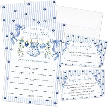 Blueberry Baby Shower Invitations for Girl, Berry Sweet Baby Shower Invites with Envelopes, Set of 25 Gender Reveal Invites Cards with Envelopes & Book Request Cards & Diaper Raffle Tickets -11