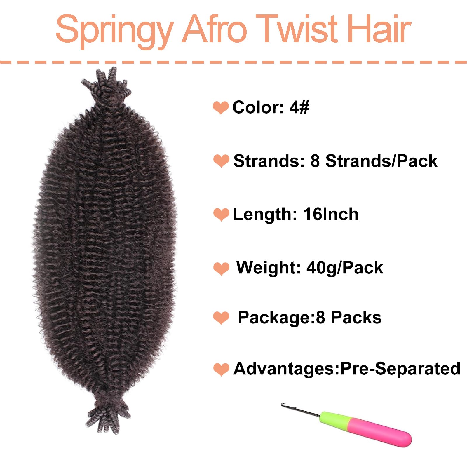 Mscat 16 Inch Pre-Separated Springy Afro Twist Hair 8 Packs Marley Twist Crochet Braiding Synthetic Hair Extensions (8 Strands/Pack,4#) - Image 2