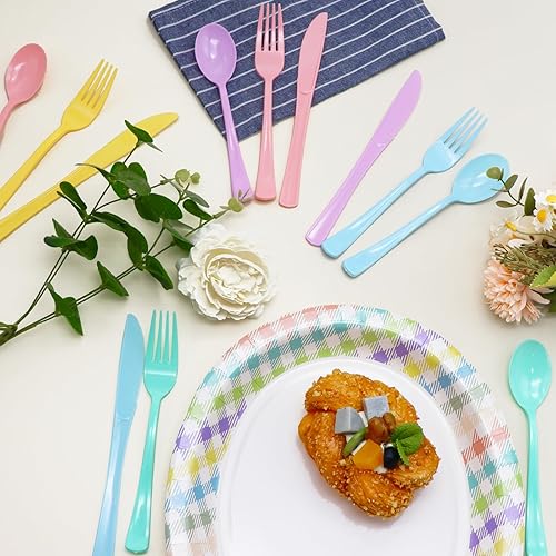 Miniatura 5 de 300 cubiertos de plástico pastel, utensilios iridiscentes, cubiertos de plástico, 5 colores macarrones, suministros de fiesta pastel incluye 100