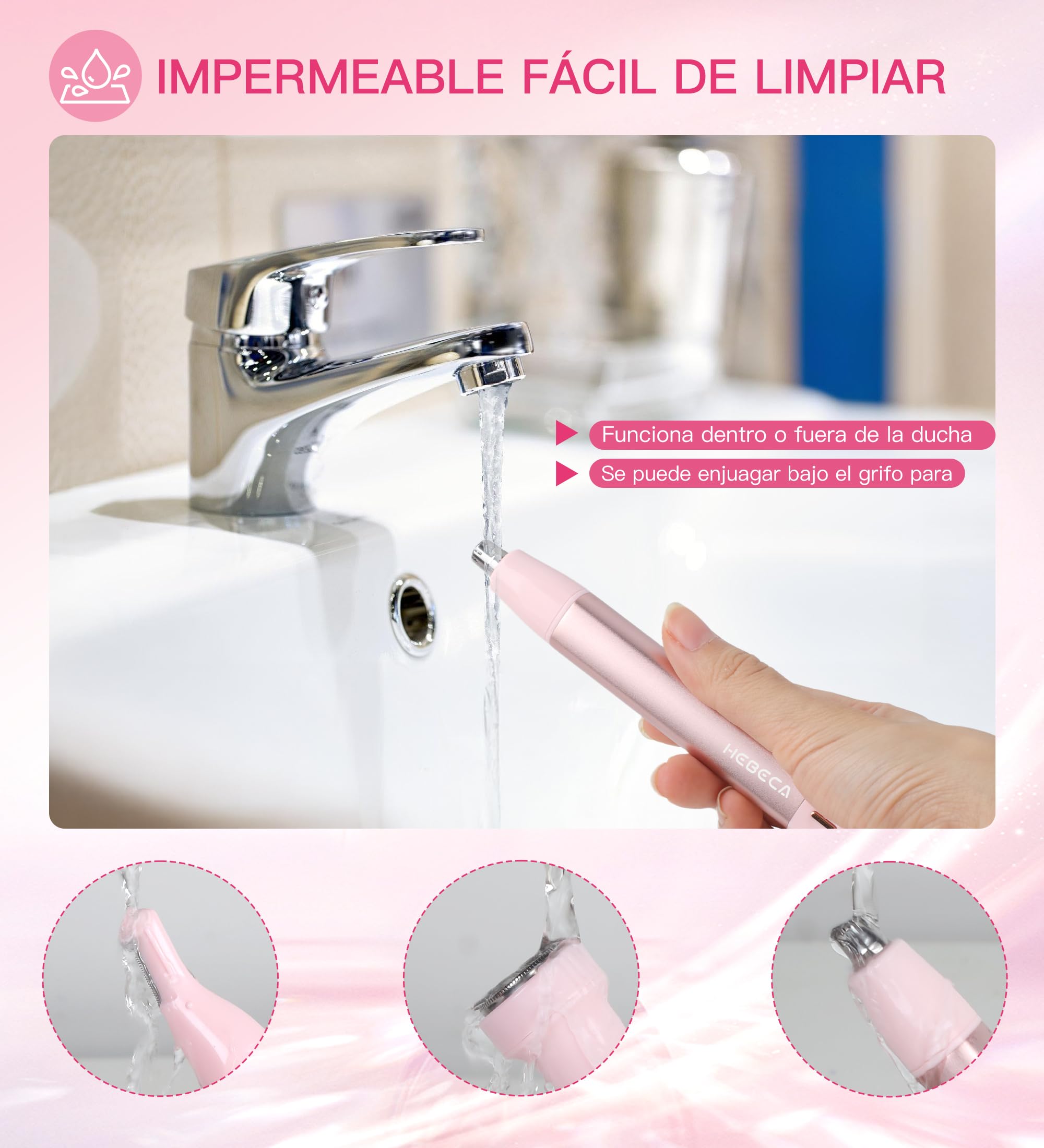 HEBECA Recortadora de vello nasal para mujer 3 en 1 - Recargable, impermeable, portátil con bolsa de viaje - Recorta nariz, oídos, cejas, vello fino, labios, barbilla, eliminador de vello facial (Rosa