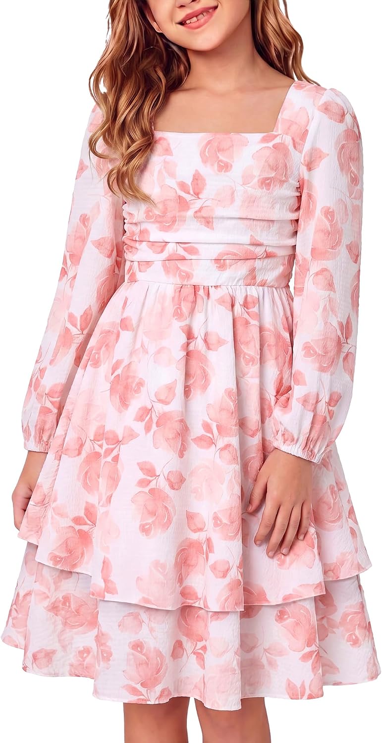 YALLET Girls Fall Dress Square Neck Puff Sleeve Ruffle Tiered A-Line 5-14Y