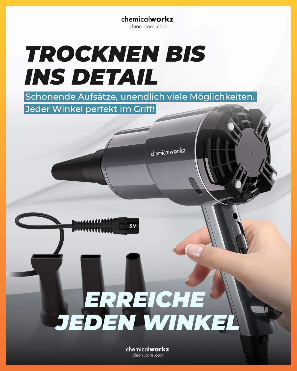 chemicalworkz Dryer 1.5PS Premium Auto Lacktrockner, 1300W Elektrische Staubgebläse, Druckluftspray, Laubbläser, Luftdruckspray, Druckluft Compressed Air Duster, Reinigungsset für Auto, Haus & Garten