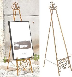 18.25"L x 25.5"W x 55"H Metal Scroll Extra Large Free Standing Adjustable Display Stand Easel with Chain Support, Heavy Duty Easel for Sign, Wedding, Picture Frame, Mirror, Gold (No Assembly Required)