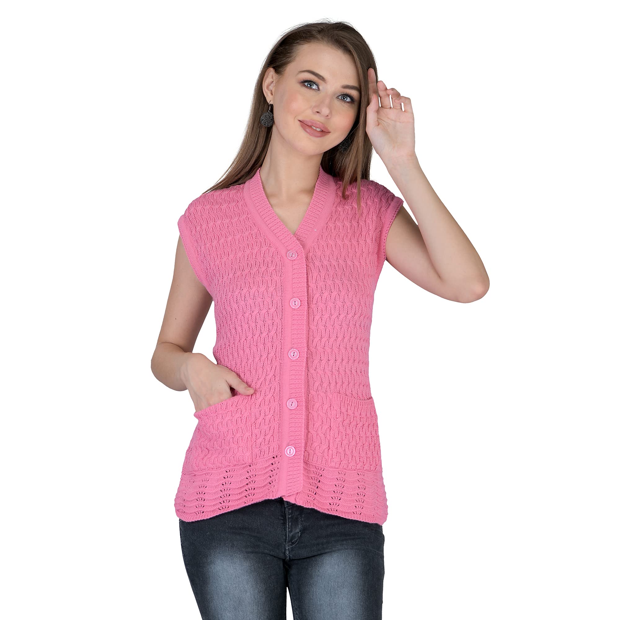 lady willington Women Woolen Cardigan Sleeveless Self Design Cardigan Daffodil Fabric Winter Wear Pure Wool Cardigan 100% Daffodil Wool Free Size Cotty Fully Warm with Front Pockets (S, Pink)-picture-50