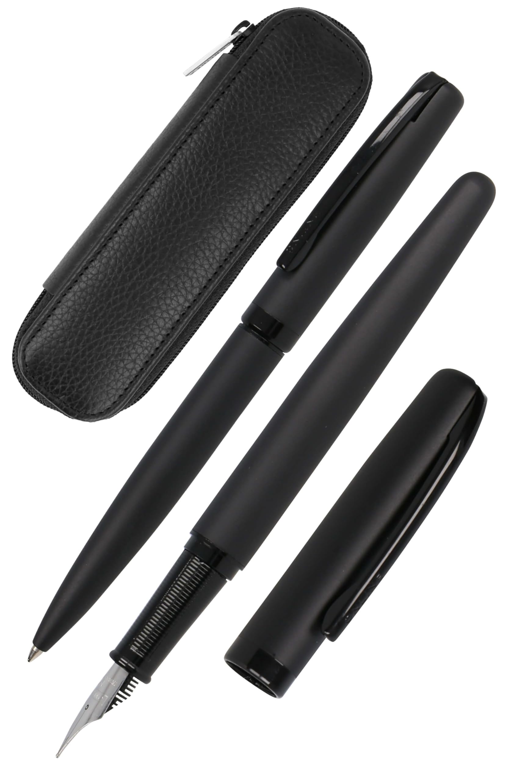 Online Set Eleganza Fountain Pen & Ballpen & Leather Case I Colour: Black I Nib Size M I Metal Clip I Retractable Biro I Fountain-Pen for Standard Ink Cartridges Or Converter I In Gift Box