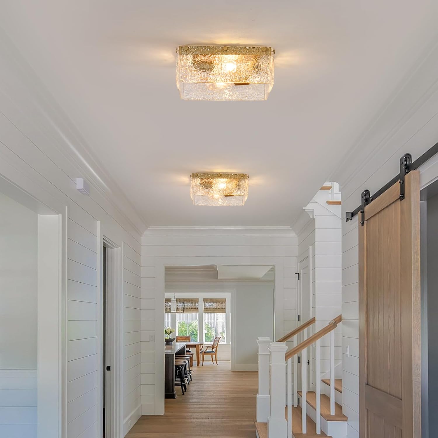MWZ Modern Gold Semi Flush Mount Ceiling Light Fixture with Hammered Glass Shade, 4-Light 13.2'' Farmhouse Dimmable Flush Mount Lamp with Square Metal Chassis for Kitchen Island Hallway Laundry