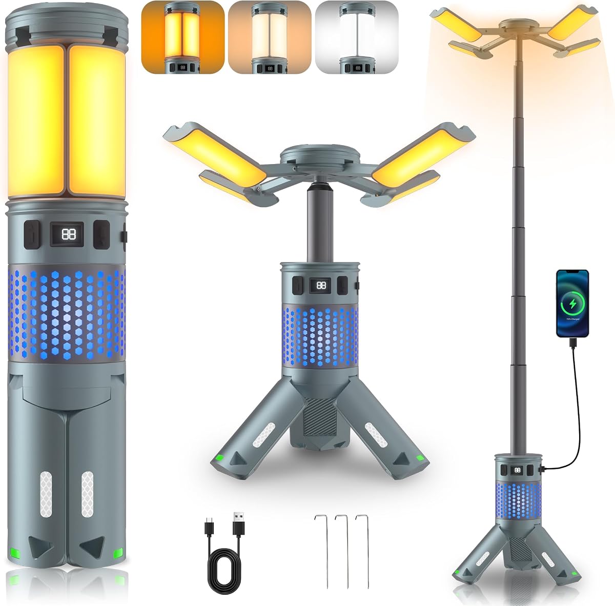 Luces de camping, luces de camping telescópicas recargables con soporte, linternas y luces de camping de 12000 mAh con RGB, base magnética, linternas portátiles para camping, senderismo, emergencia