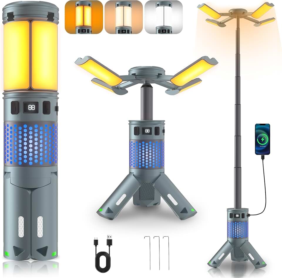 Camping Lights, Rechargeable Telescopic Camping Lights with Stand,12000mAh Camping Lanterns &amp; Lights with RGB, Magnetic Base, Portable Flashlights for Camping, Hiking, Emergency