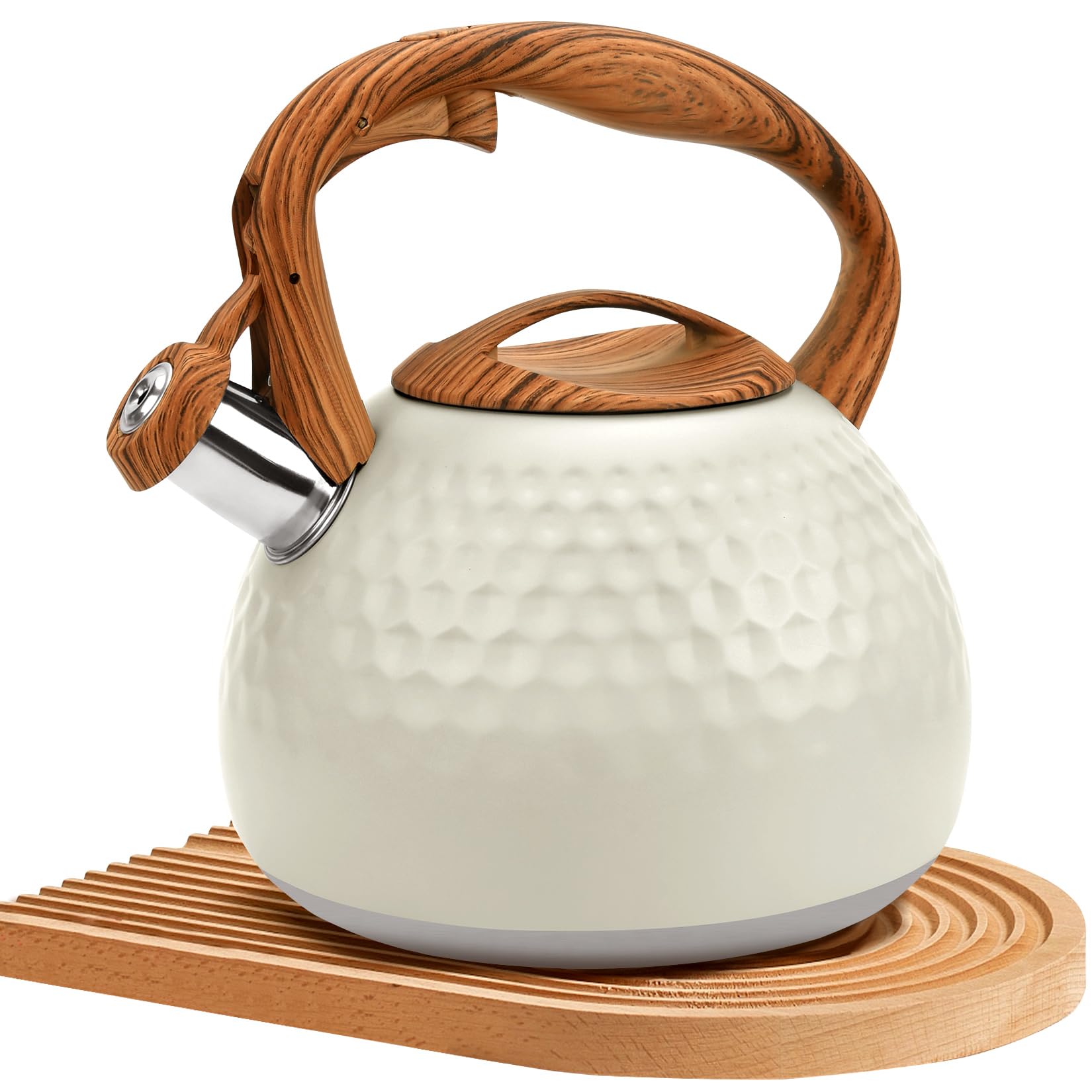 ggc tea kettle for stove top, loud whistling kettle for boiling water coffee or milk, 3.1 quart 3l heavy stainless steel white kettle with wood pattern handle, unique button control kettle outle