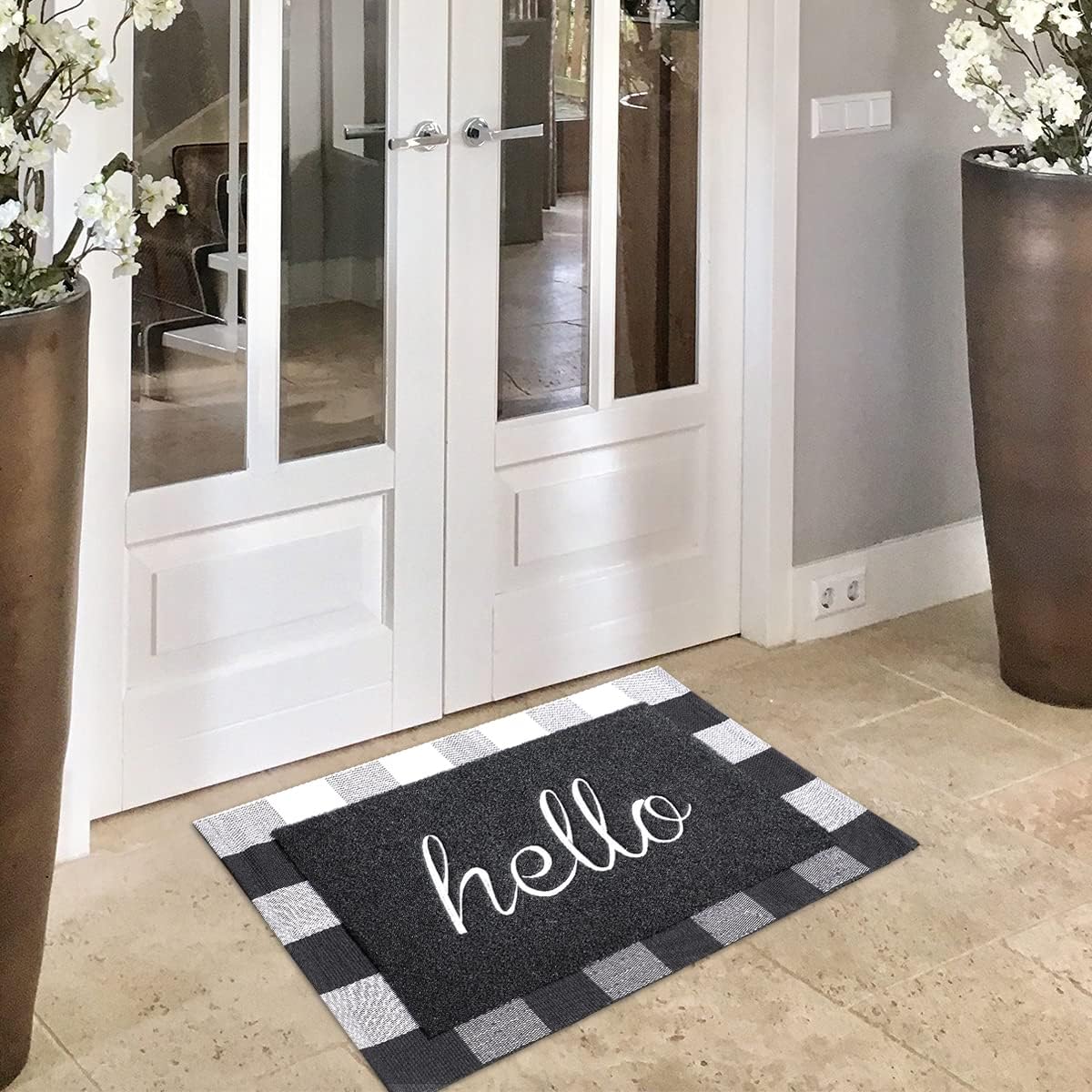 LAN SHAN QUE Hello Welcome Mat with Non Slip Rubber Backing+Buffalo Plaid Rug 24”x36” for Layered,Decorative Outdoor Indoor Combo Set Doormat,High Traffic Areas Front Door Rug