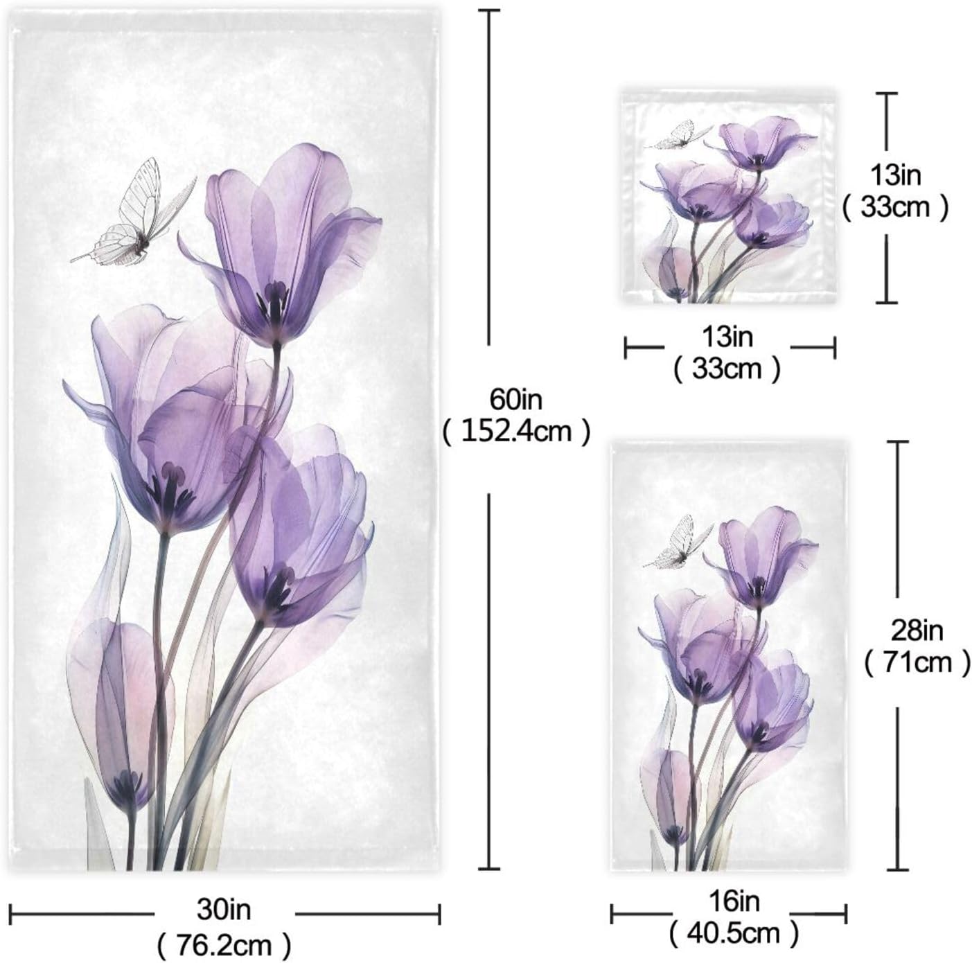 ALAZA Three Purple Tulips Bath Towel Set Luxury Decorative Set of 3, 1 Bath Towel 1 Hand Towel 1 Washcloth Soft Multipurpose for for Bathroom Hotel Gym Yoga Spa