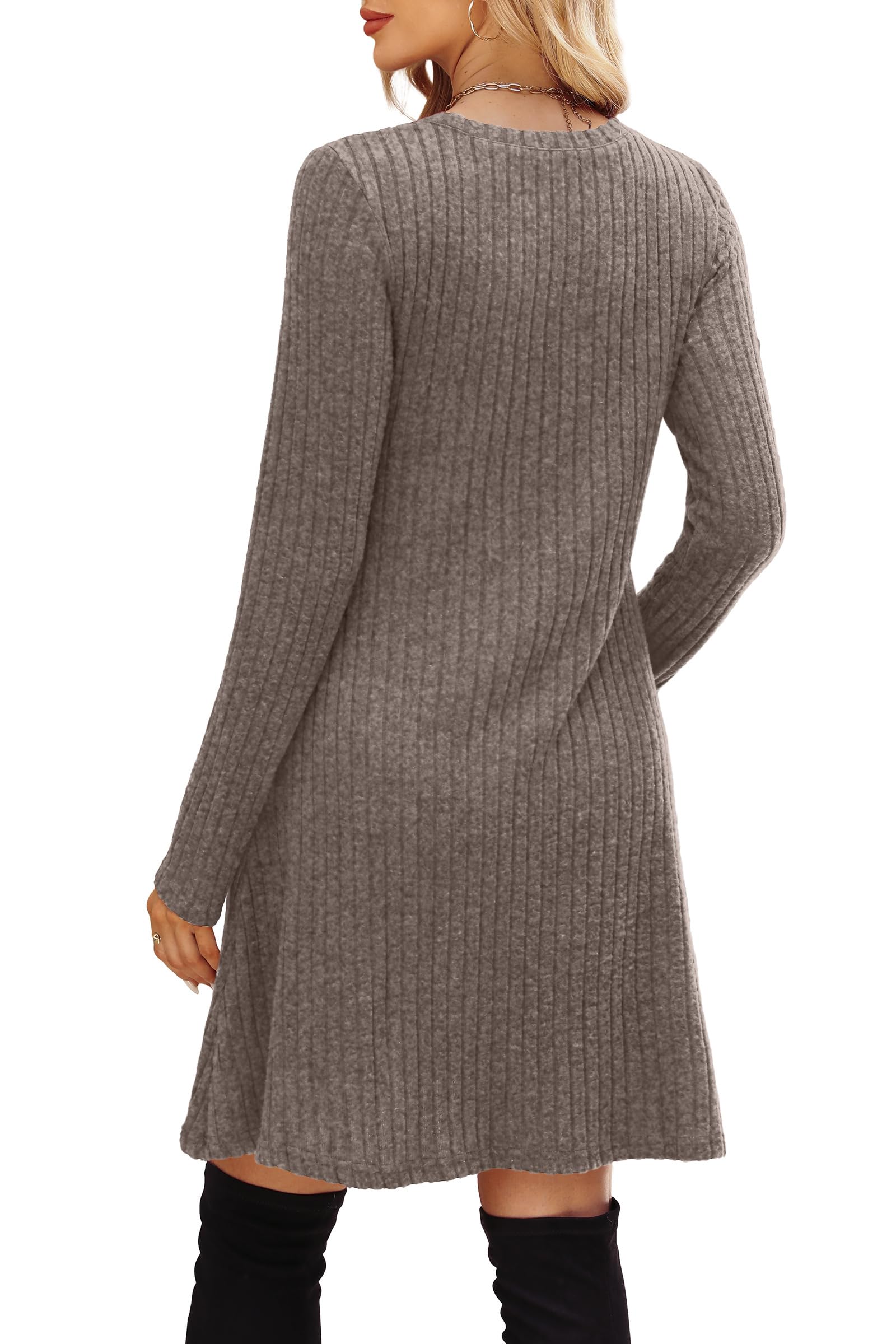 OFEEFAN Long Sleeve Dress for Women Crew Neck Empire Waist Tunic Dress with Pockets: Coffee XX-Large