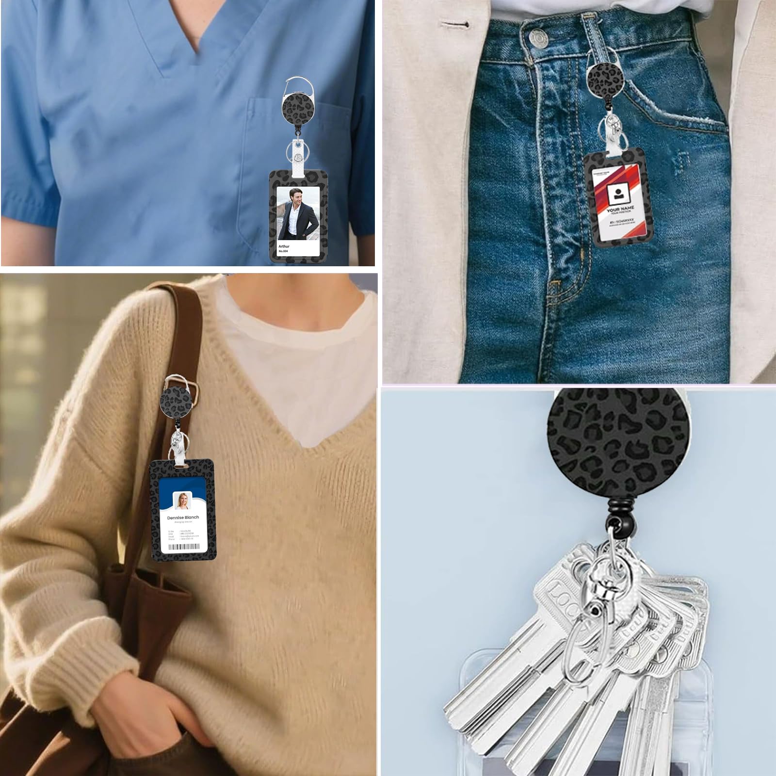 Porta Badge Retrattile Leopardato con Clip e Cordino Staccabile, Badge Holder per Impiegati, Medici, Infermieri, Insegnanti, Grigio