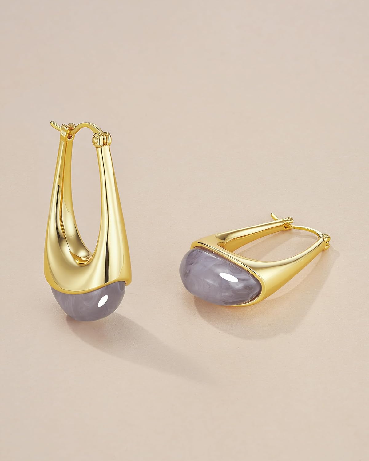 Long Oval Chunky Dangle 18K gold plated Hoops with Colored Resin Gemstone Statement Earrings for Women by SNGIA, (Green, Brown, Blue, Pink, White, Cream), Bold Drop Handmade Exaggerated Irregular Trendy Bohemian Jewelry Gifts, Unique Dangling Teardrop Baroque Stone Summer Beach Fashion Earrings Accessories, Round Vintage Thick Circular Nickle Free Huggies Hoop Earrings. - Image 3