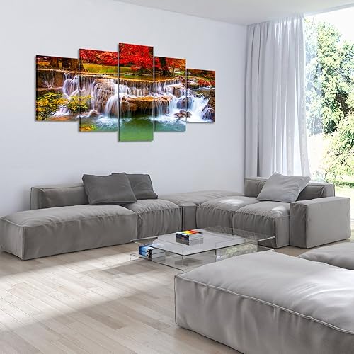 Miniatura 3 de KREATIVE ARTS Lienzo grande para decoración de sala de estar, estirado, 5 paneles, pintura de cascada verde de ensueño, arte de pared, impresión