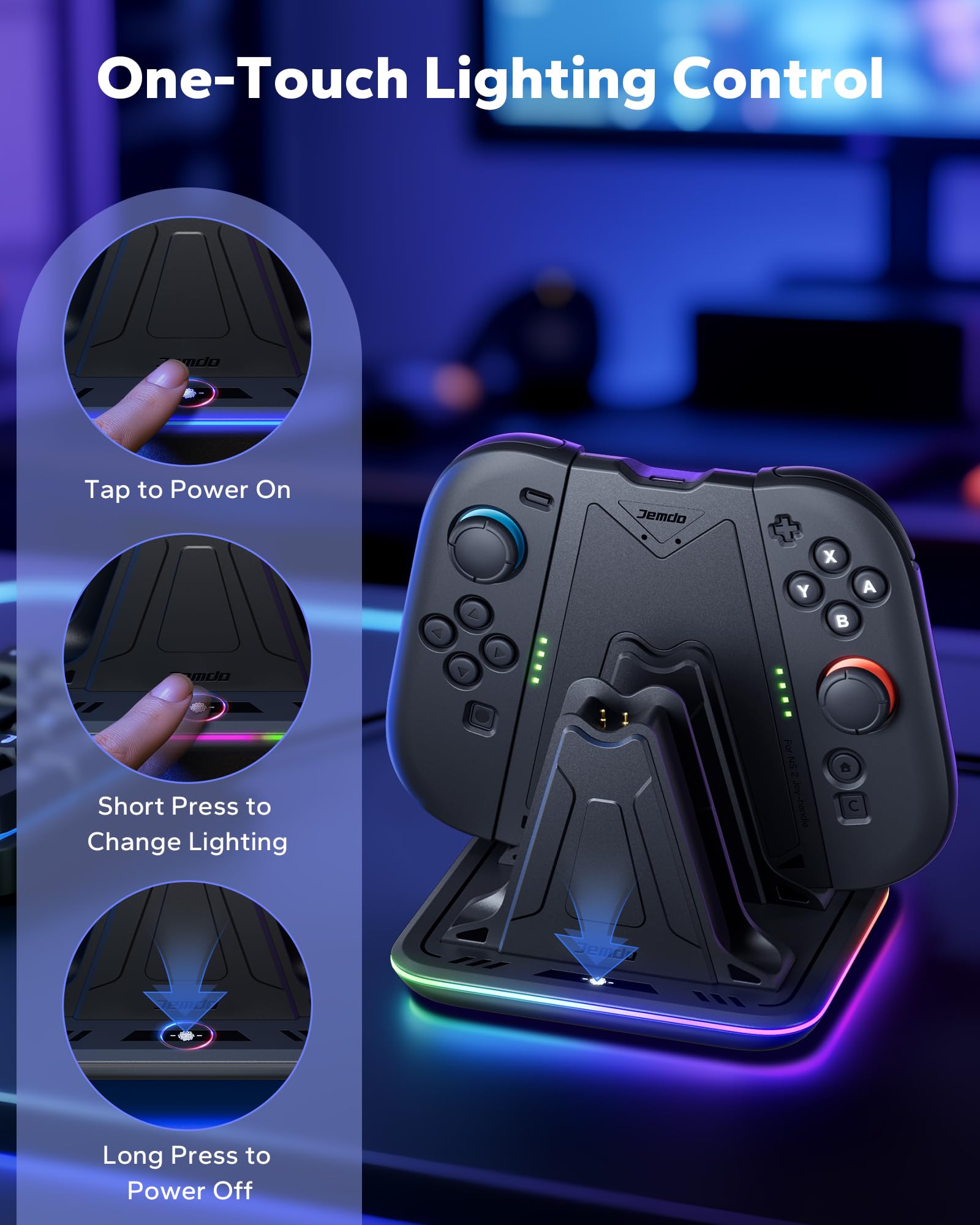 JEMDO Station Charge Manette Switch 2 - Support de Recharge Joy Con 2 avec 2 Grips Magnétiques, 9 Modes RGB, Indicateur LED, USB-C, Play & Charge, Accessoire Idéal pour Voyage