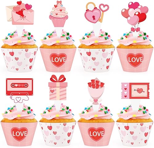 Miniatura 18 de Paquete de 48 adornos y envoltorios retro para cupcakes, decoración retro de neón para tartas de fiesta temática de los años 80 y 90, suministros de