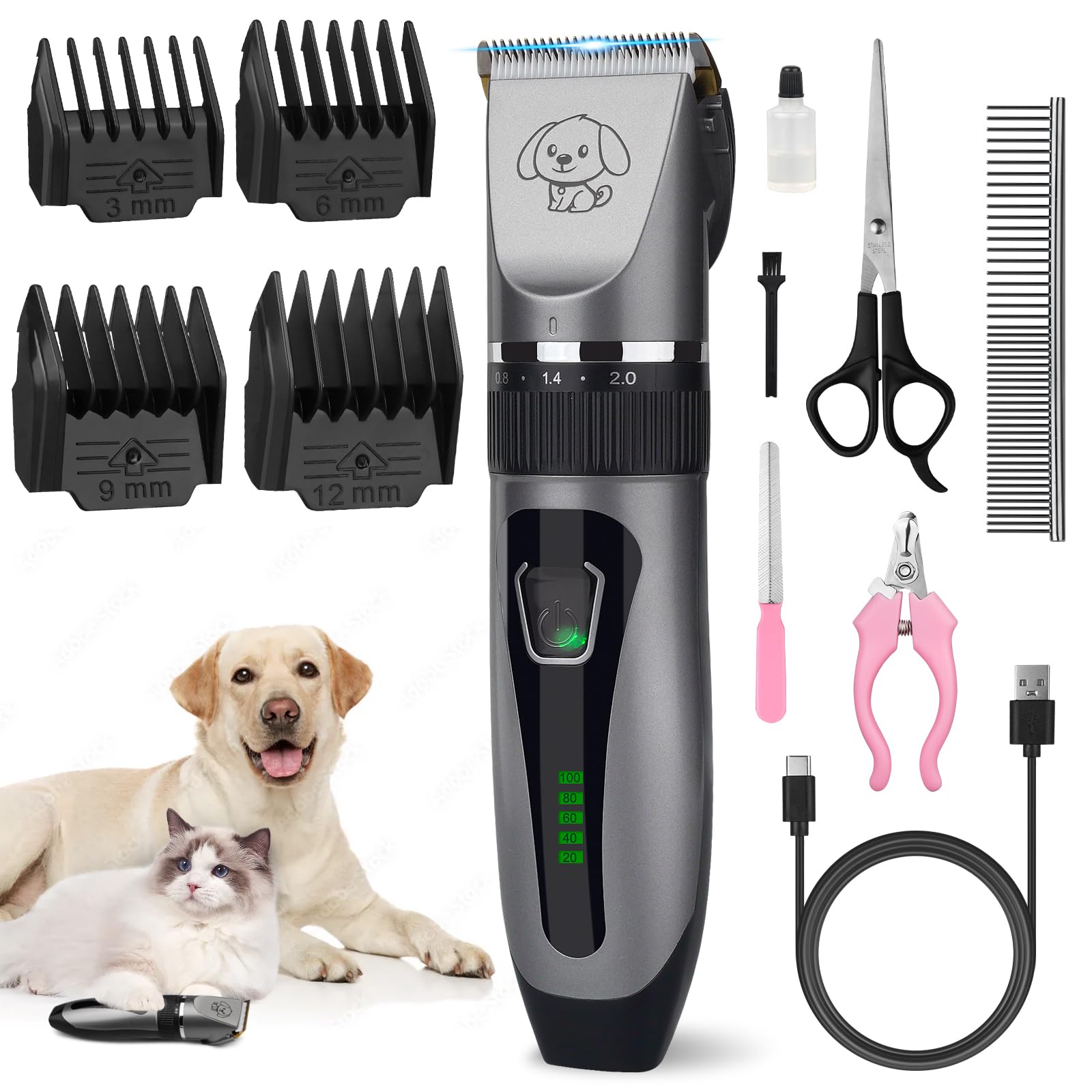 Dog Grooming Clippers Kit, Upgraded Cordless Professional Pet Clippers, Low Noise Dog Trimmer with Ceramic Blades
