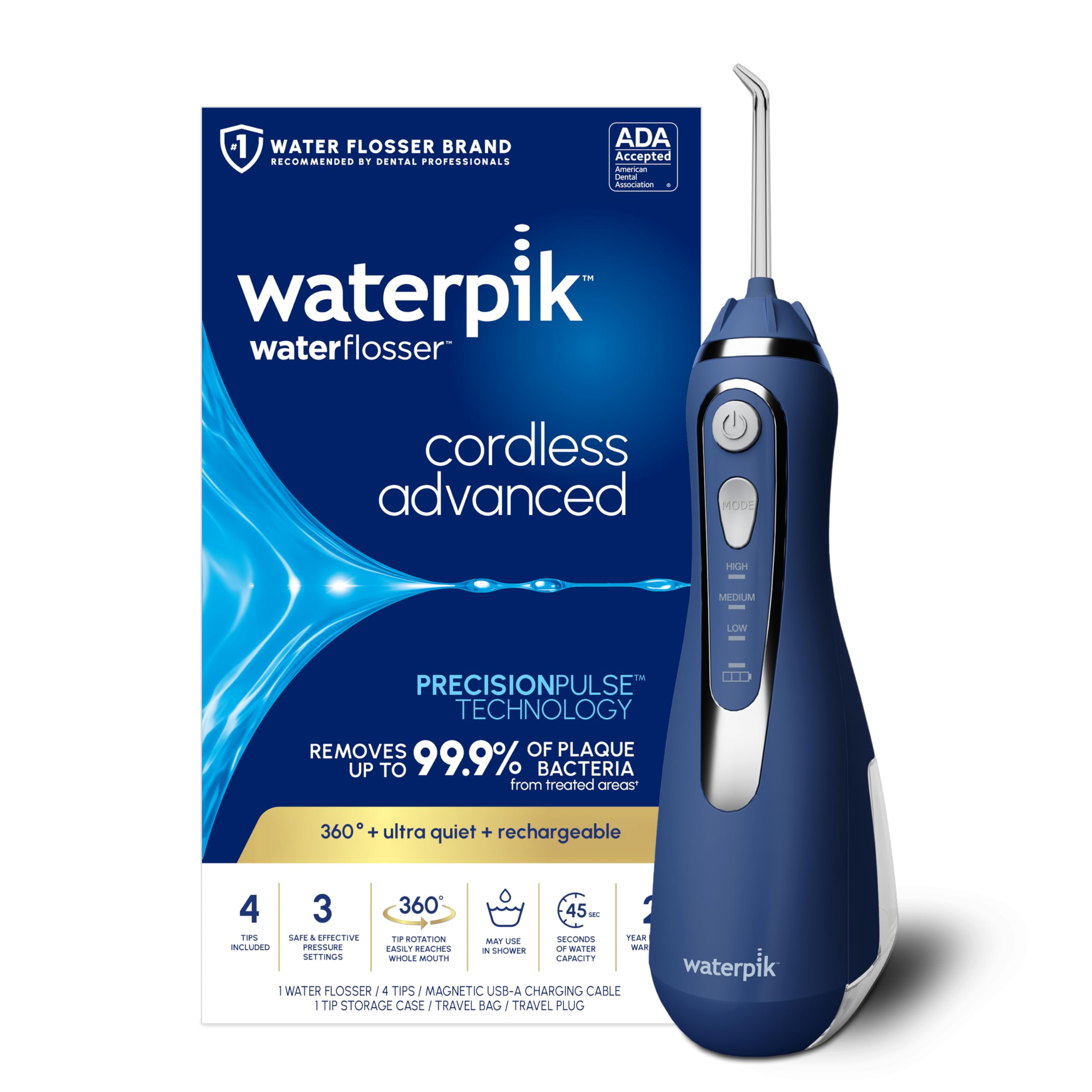 Photo 1 of Waterpik Cordless Advanced 2.0 Water Flosser For Teeth, Gums, Braces, Dental Care With Travel Bag and 4 Tips, ADA Accepted, Rechargeable, Portable, and Waterproof, Blue WP-583, Packaging May Vary