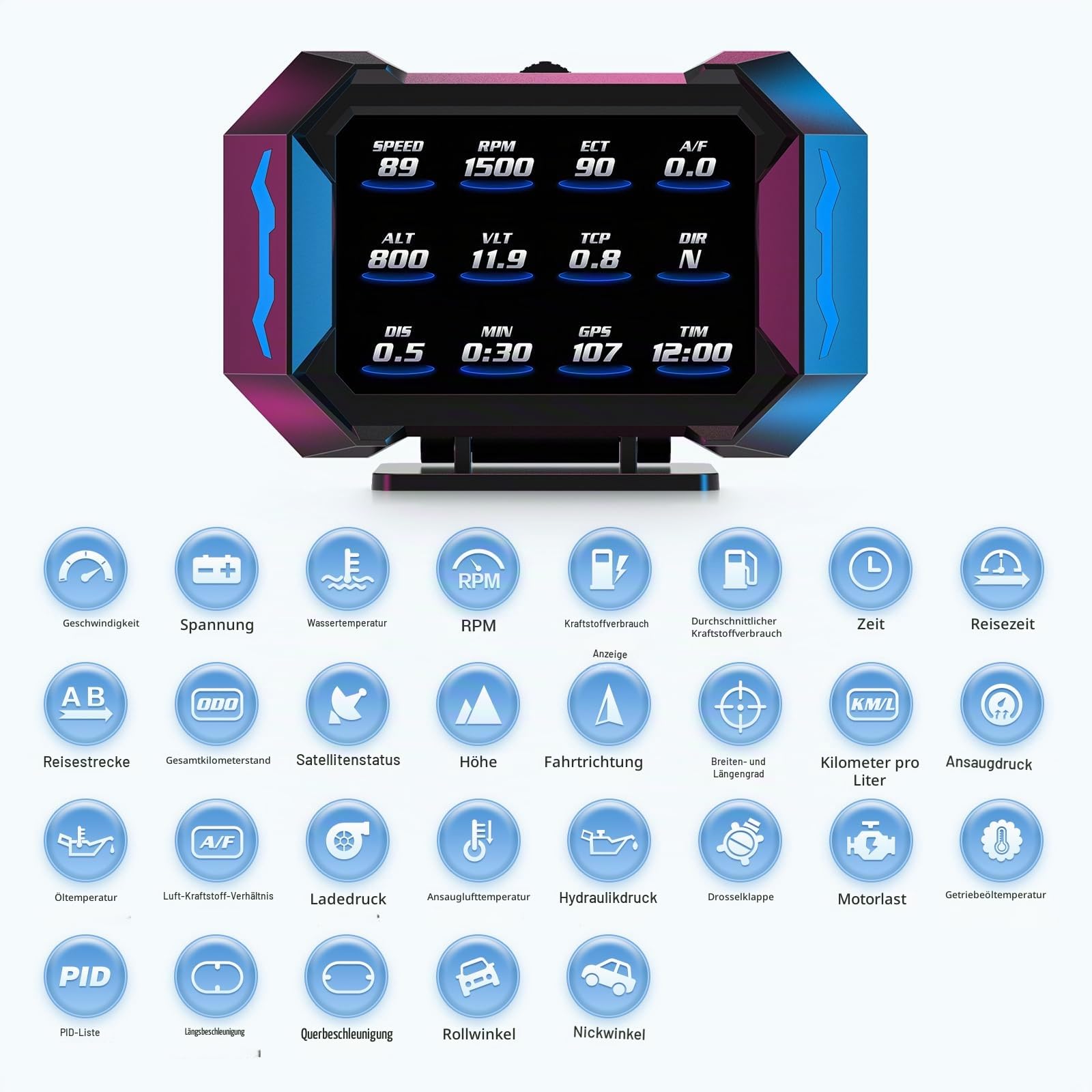 HUD P25 Head-up-Display Auto – Digitaler OBD+GPS Speedometer mit Kühlmitteltemperatur, Kraftstoffverbrauch, Neigungsmesser & Neigungswarnung