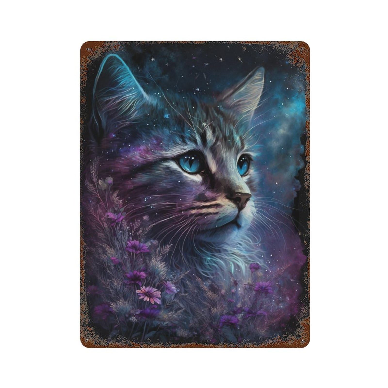 Cosmic Cat Fantasy Art Rustic Tin Plaque 15.7"x11.8", Industrial Home Decor for Pub, Kitchen And Man Cave Decor