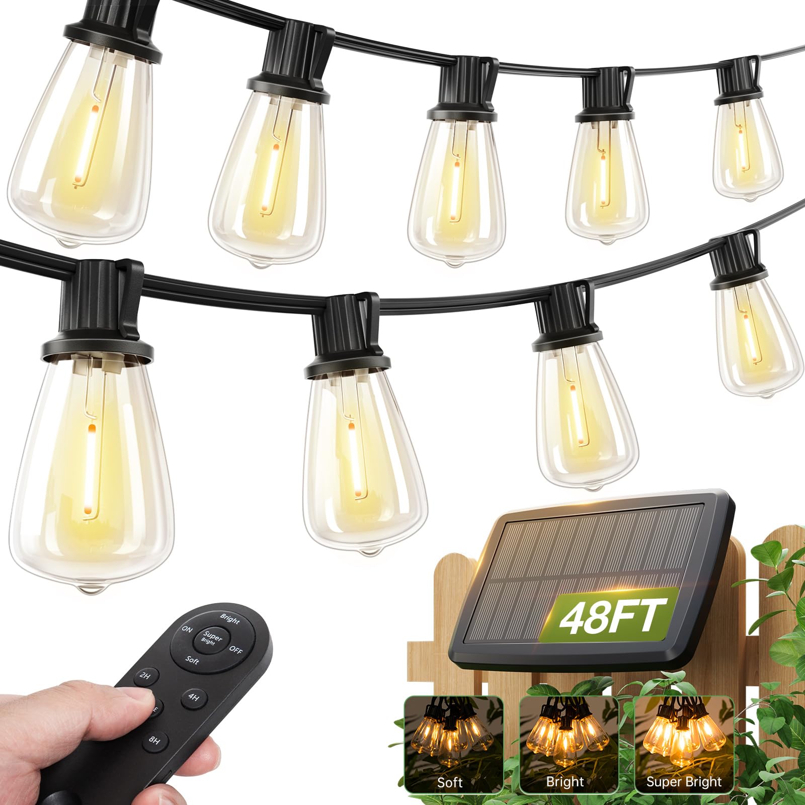 addlon 54FT(48+6) Solar Lights Outdoor Waterproof, String Lights Outdoor with Remote & USB Port 15+1 LED Shatterproof Bulbs 3 Light Modes, Dimmable &Timable Solar Light for Camping Patio Backyard