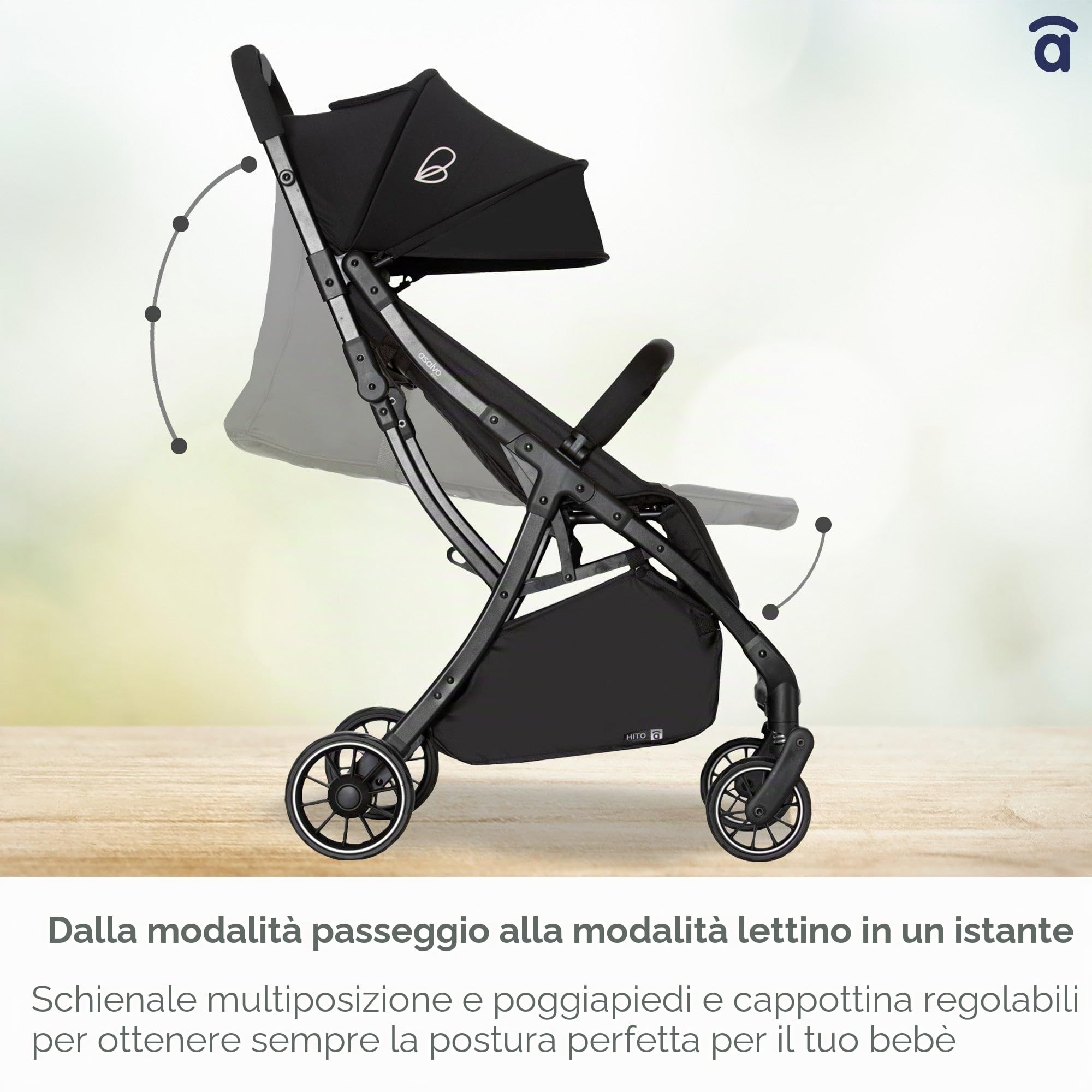 Asalvo Hito Passeggino, passeggino, passeggino, comodo, ultra leggero, sicuro, capottina con finestra e freno posteriore, maneggevole, pieghevole compatto, carico massimo 24 kg, nero