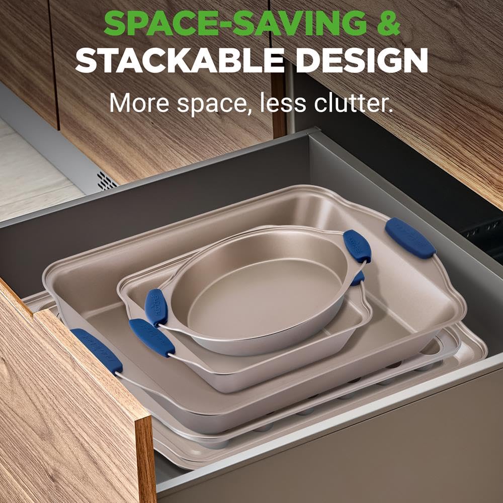 NutriChef Juego de sartenes para horno de cocina con revestimiento dorado antiadherente de lujo en el interior y el exterior de acero al carbono con asas de silicona azul, duradera y fiable, estilo