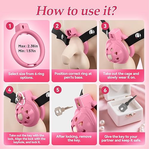 Miniatura 6 de Preciosa jaula de castidad masculina rosa, dispositivos de castidad ligeros con cabeza de silicona suave, 6 anillos para el pene para el pene, jaula