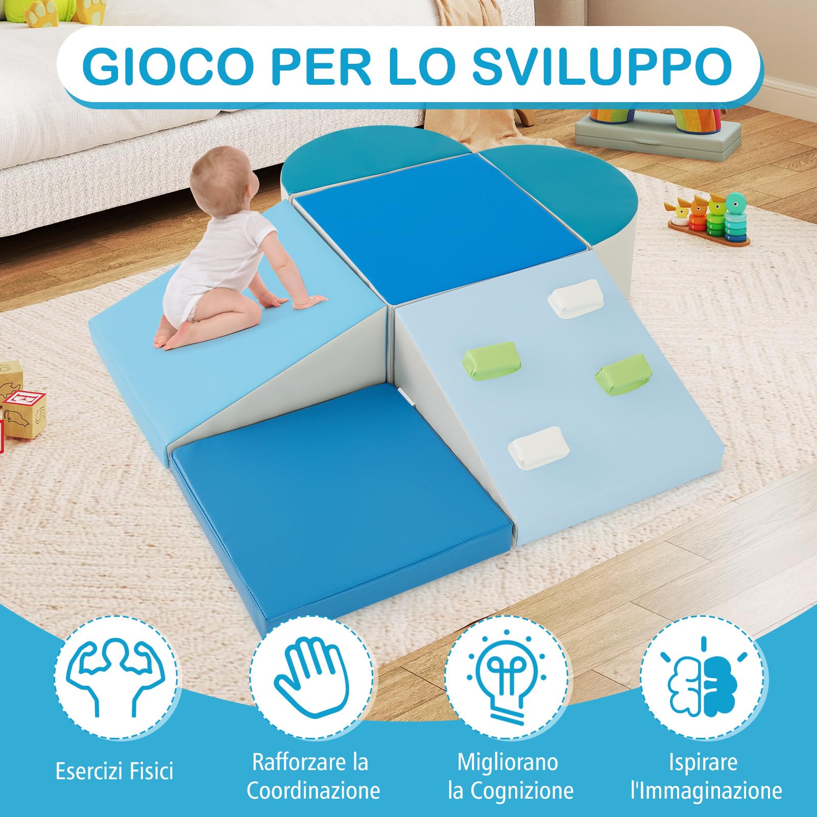 RELAX4LIFE Set di Giocattoli da Arrampicata 6 Pezzi per Bambini, con Schiuma EPE, Set di Giocattoli, Blocchi in Schiuma per Bambini dai 1+ Anno (ROSA) (blu)