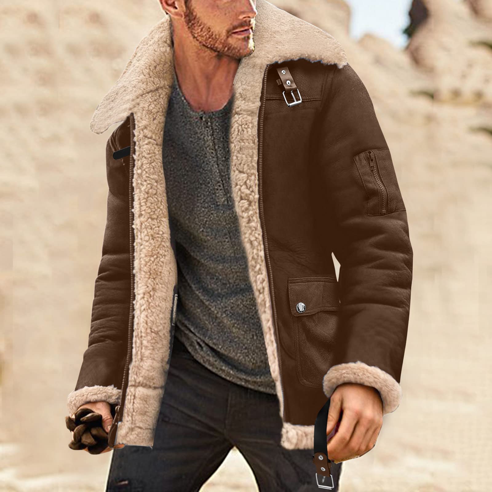Abrigo de invierno para hombre, de longitud media, de piel sintética, con forro polar, abrigo largo y esponjoso, abrigo cálido casual, cuello vuelto, ropa térmica gruesa con bolsillos, S-5XL