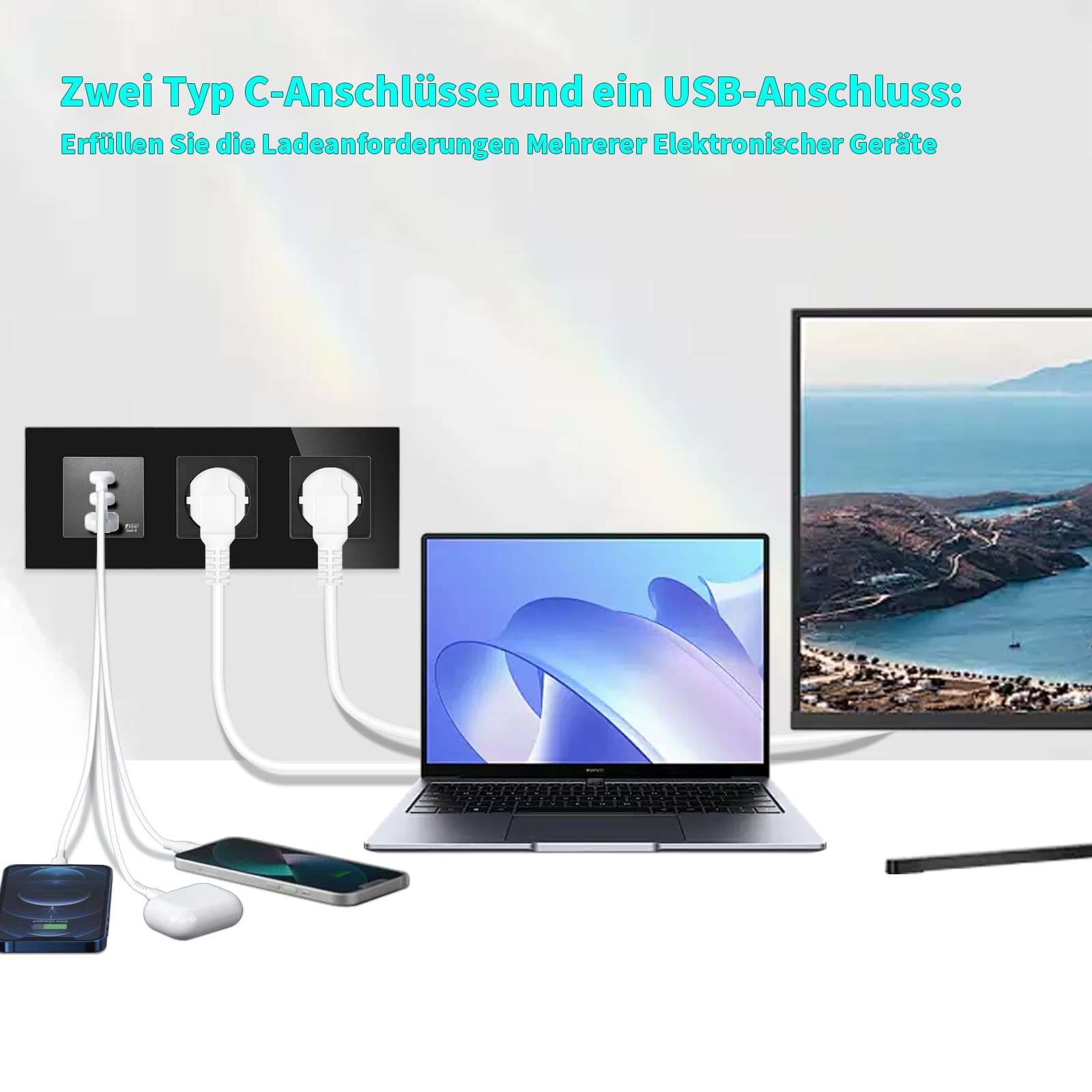 LIAONFOY Prise Schuko double avec charge super rapide, trois ports, prise murale de type C et USB, combinaison de ports de charge, cadre en verre, noir, 228 mm, 100 à 240 V (ligne neutre nécessaire)