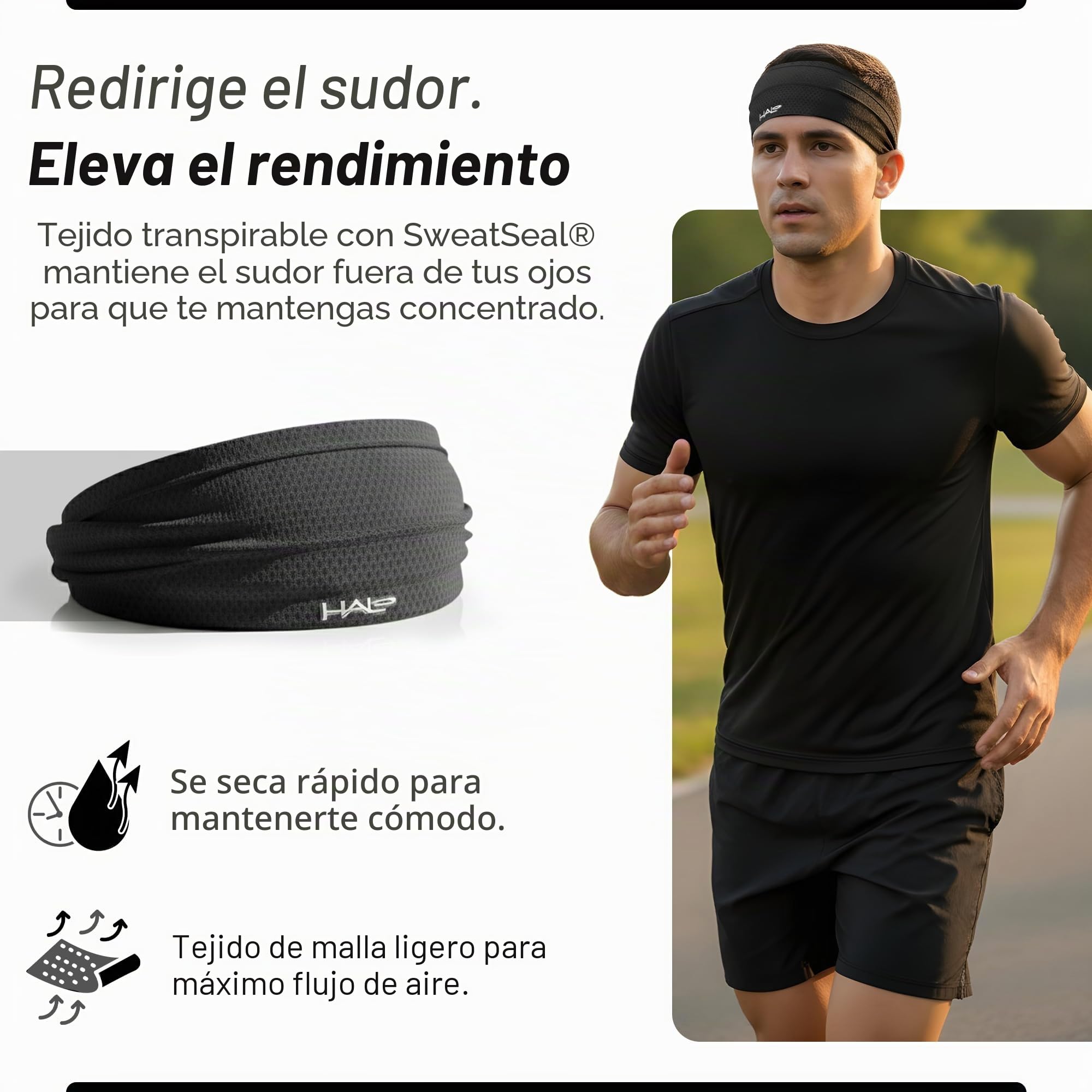 Halo Headband Air Series-Bandit - Banda para el Sudor de 4 Pulgadas de Ancho para Hombres y Mujeres - Mantiene el Cabello en su Lugar y el Sudor Fuera de tu Cara