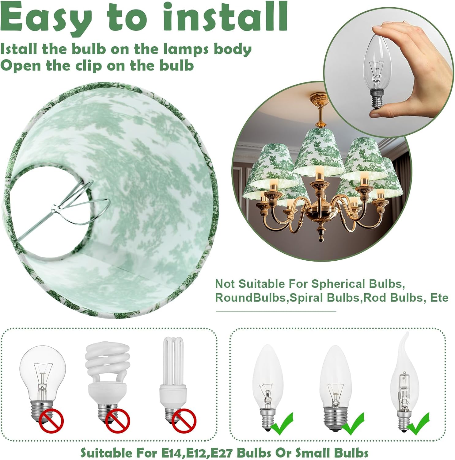 Vihose 6 Pcs Chandelier Lamp Shades Small Lamp Shade 3 Top x 6'' Bottom x 5'' Slant French Countryside Toile Clip on Lampshade for Wall Sconces Pendant Lighting(Crane and Human,Green)