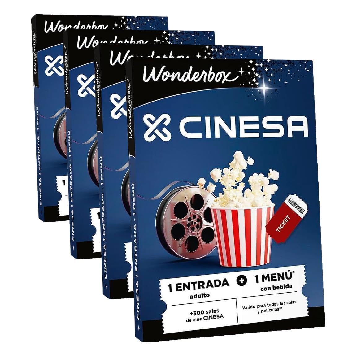 WONDERBOX - Caja Regalo - Cine + menú para 1 Persona - 1 Entrada de Cine + 1 menú Compuesto por Palomitas y Bebida para 1 Persona - Válido Durante 3 años y 3 Meses (Paquete de 4)