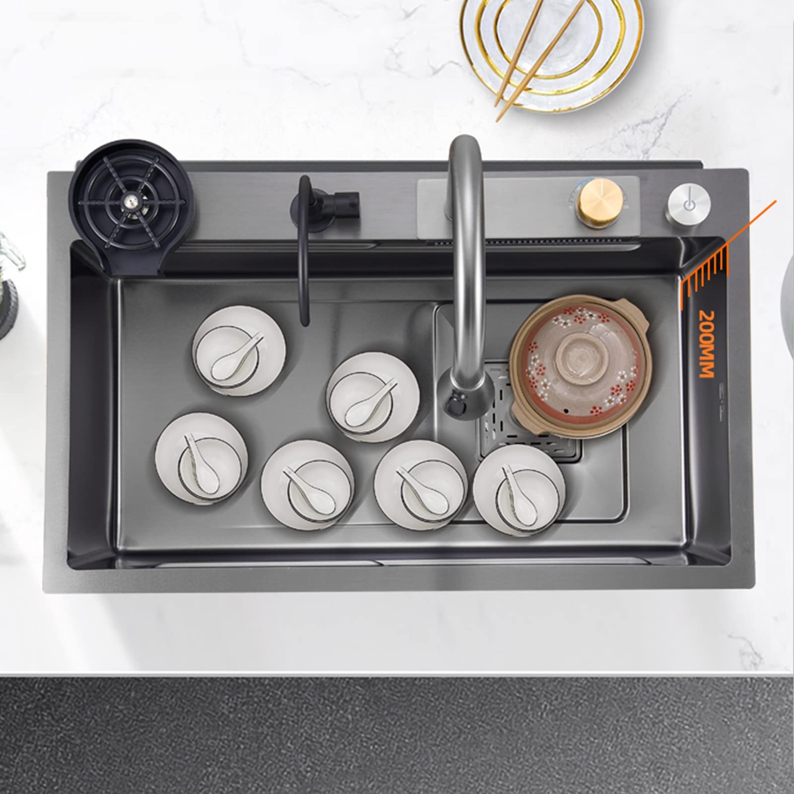WBJGUOD Drop-in Kitchen Sink Black, stainless Steel Nano Waterfall Sink,Single Bowl Workstation Sink, With Pull-down Faucet Chopping Board And Cup Washer Accessories (Size : 72 * 45cm)