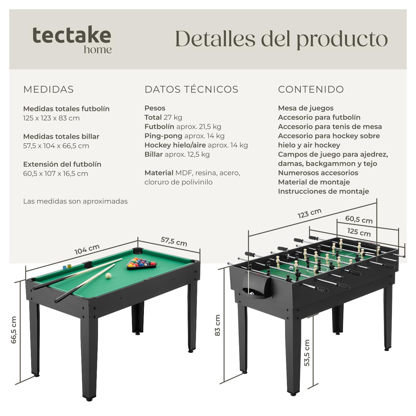 tectake® Mesa Multijuegos 15 en 1, Juego de Mesa Multifuncional Modular, Futbolines para Niños, Juegos Reunidos, Billar para Niños, Black Jack, Ajedrez, Ping Pong y Más - 123 x 125 x 83 cm