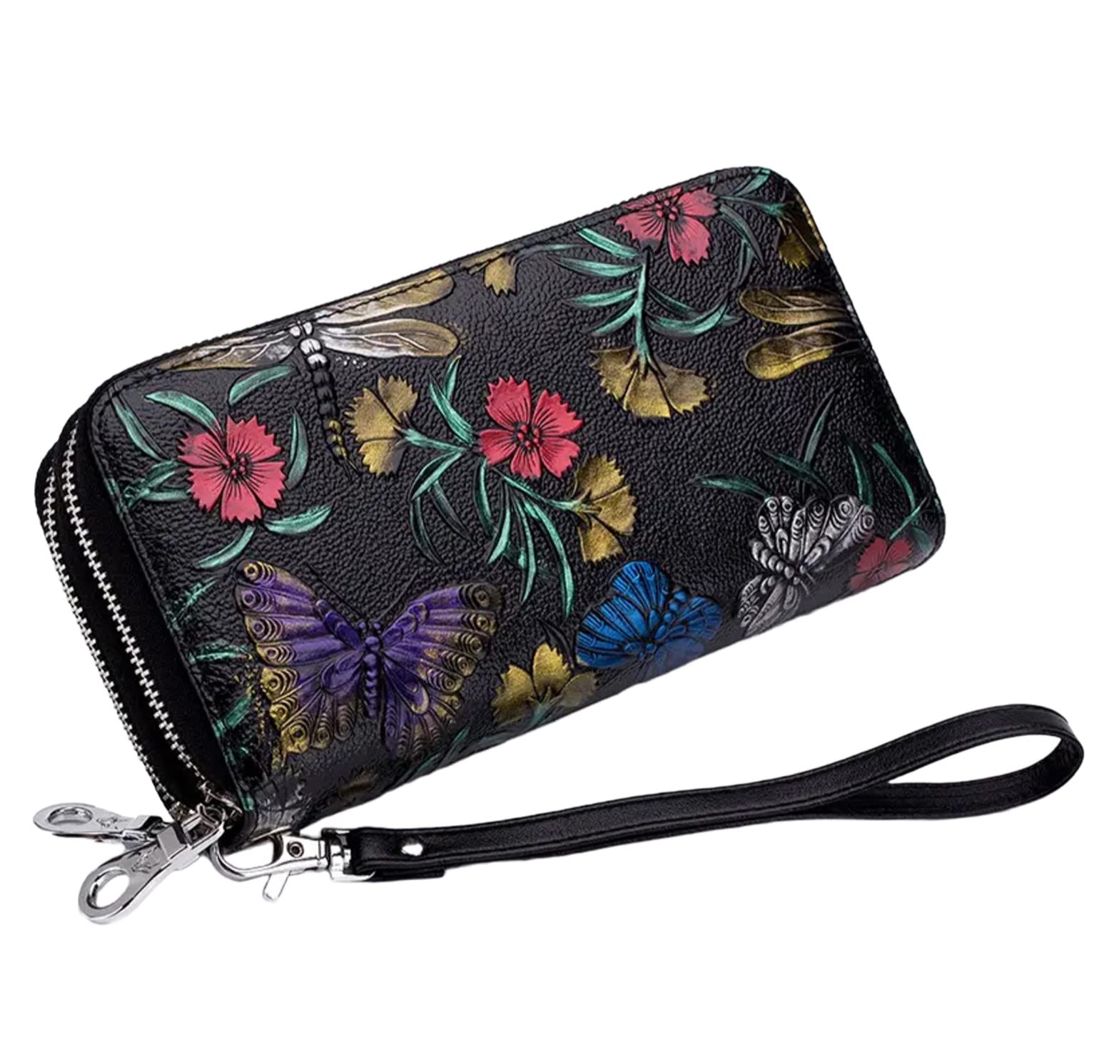 Aslana Genuine Leather Double Zipped Wallet Wristlet for Women, RFID Blocking Double Zipped Floral Hand Painted Embossed Large Capacity Clutch Purse (