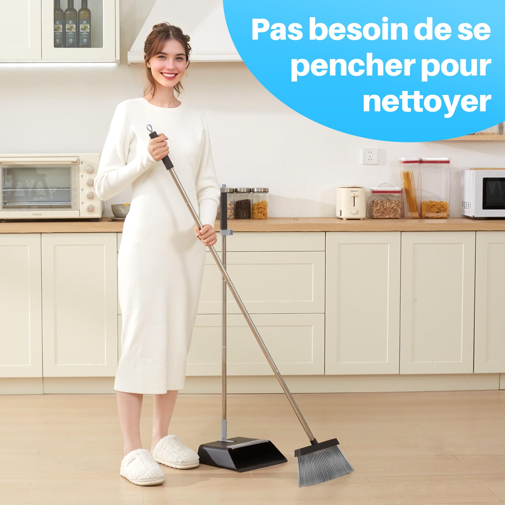 JOYMOOP Ensemble Balai et Pelle à poussière, Pelle et balayette Long Manche, Balai sans se baisser pour intérieur et extérieur, Noir et Gris