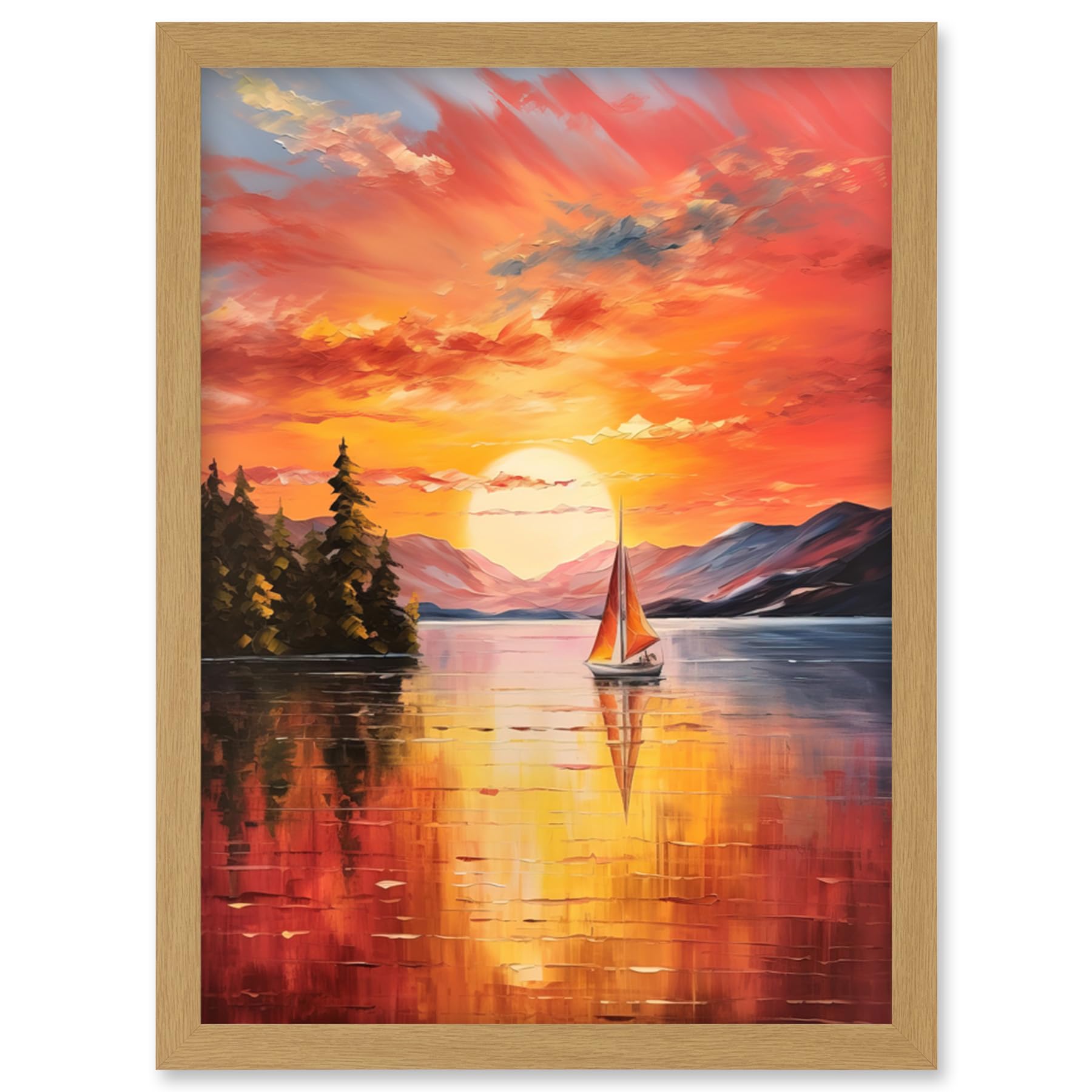 Artery8 Serene Lake Sunset Sailing Vibrant Oil Painting Sail Boat Lakeside Mountain Landscape Artwork Framed Wall Art Print A4