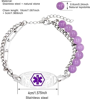 Uloveido Custom Engraved Medical ID Bracelet for Women - Suitable for Emergency Use - Asymmetrical Double Layer Style - Adjustable Half Natural Stone Beaded and Paperclip Chain