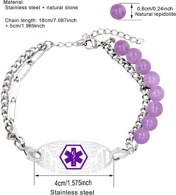 Uloveido Custom Engraved Medical ID Bracelet for Women - Suitable for Emergency Use - Asymmetrical Double Layer Style - Adjustable Half Natural Stone Beaded and Paperclip Chain