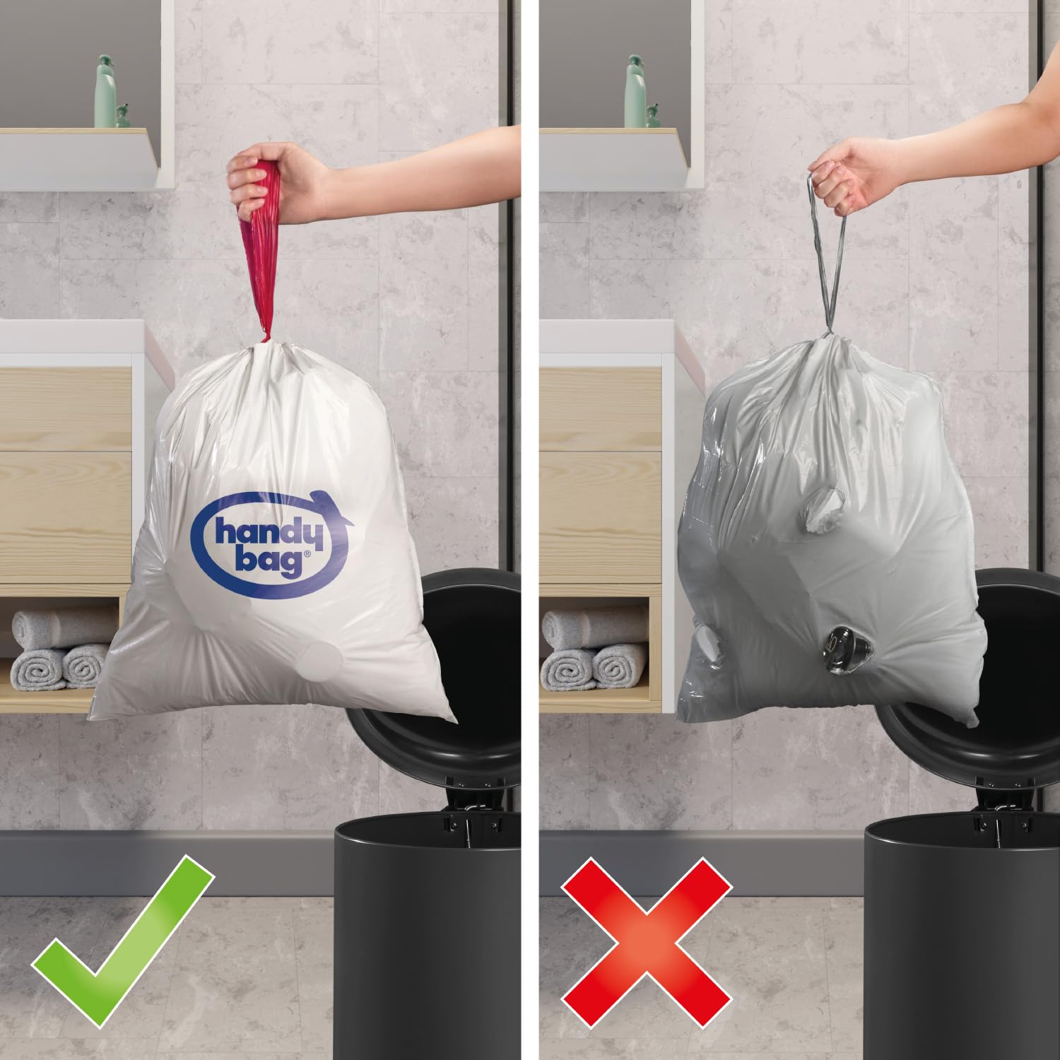 Handy Bag Bolsas de basura Perfumadas Especial Baño - Bolsas resistentes y antigoteo para cuarto de baño, diseñadas especialmente para cubo de basura pequeño, 100% plástico reciclado, 10L, 12 bolsas