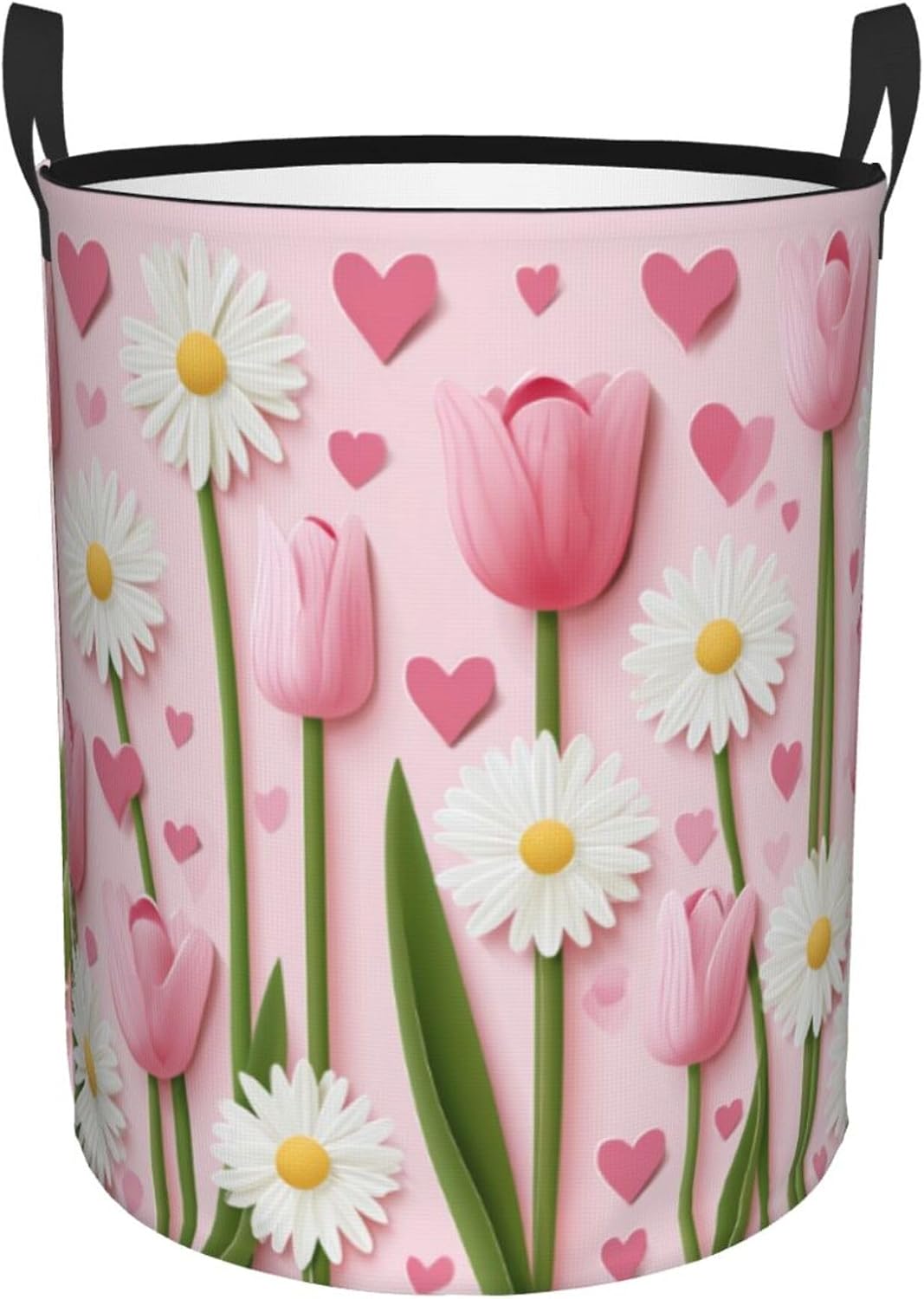 Pinks tulips & daisies,15.7x19.6 inch 62L foldable laundry basket