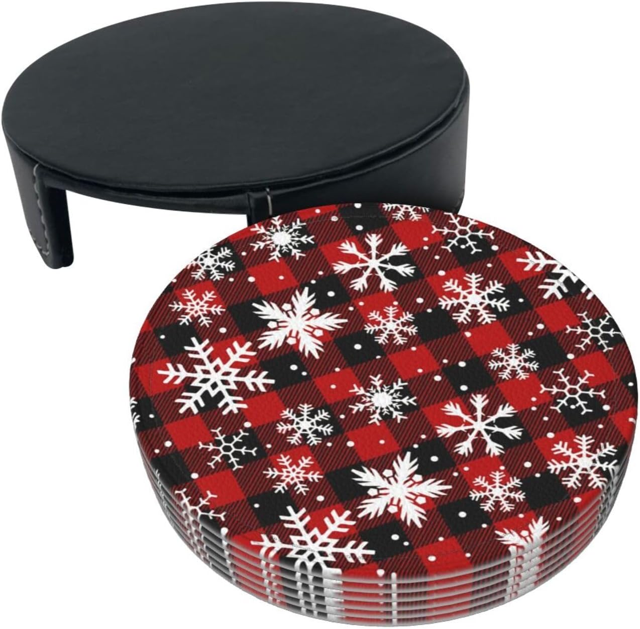 6 Pcs Christmas Coasters for Women Men, 4 Inch Xmas Red Plaid Coaster with Holder for Home Kitchen Office Table Decor