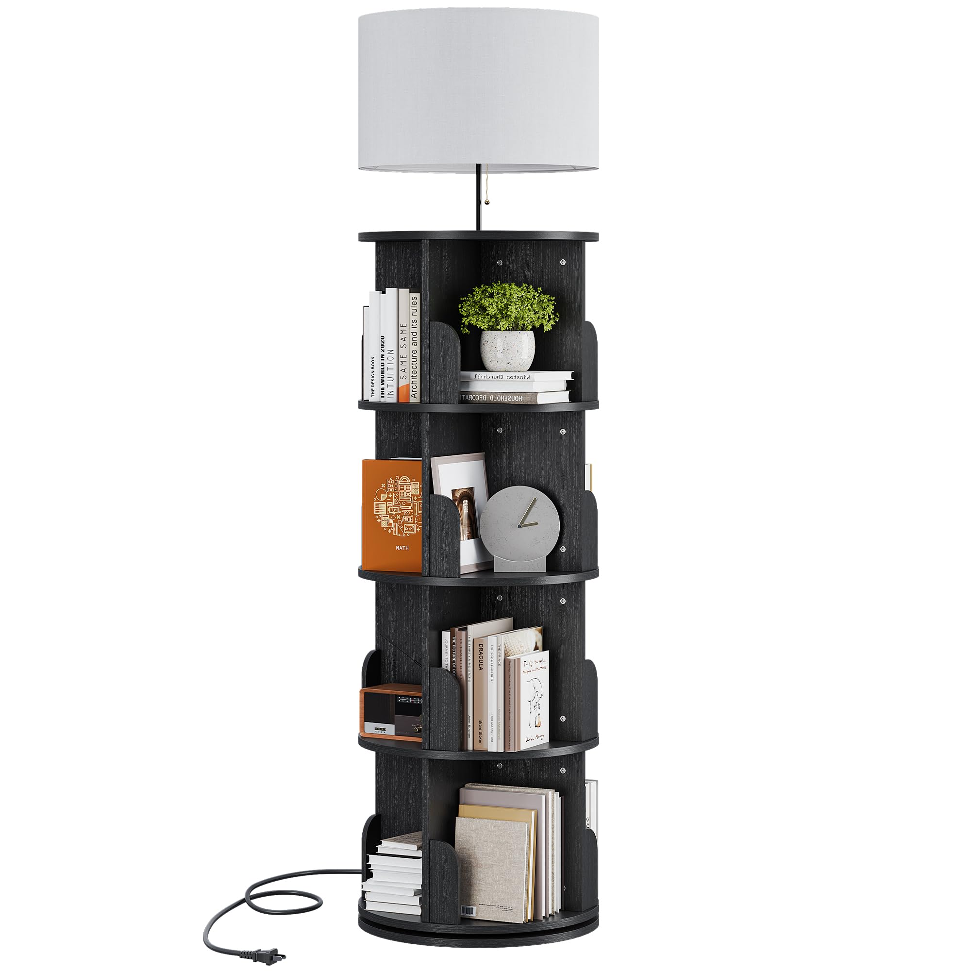 Rotating 4-Tier Bookshelf with Adjustable Light, 360° Spinning Bookcase Tower, Tall Floor Standing Book Shelf for Bedroom, Living Room, Office, ( One in stock is Rustic Brown)