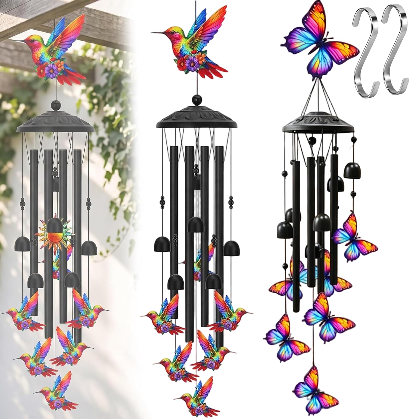 2026 New Colorful Hummingbird Wind Chime for Outside Bird Lovers, Wind Chimes Indoor for Home Ornament, Outside Metal Windchimes for Patio, Porch, Yard Decor (2PC-A)